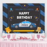 Voiture de police avec fond de joyeux anniversaire bleu et noir